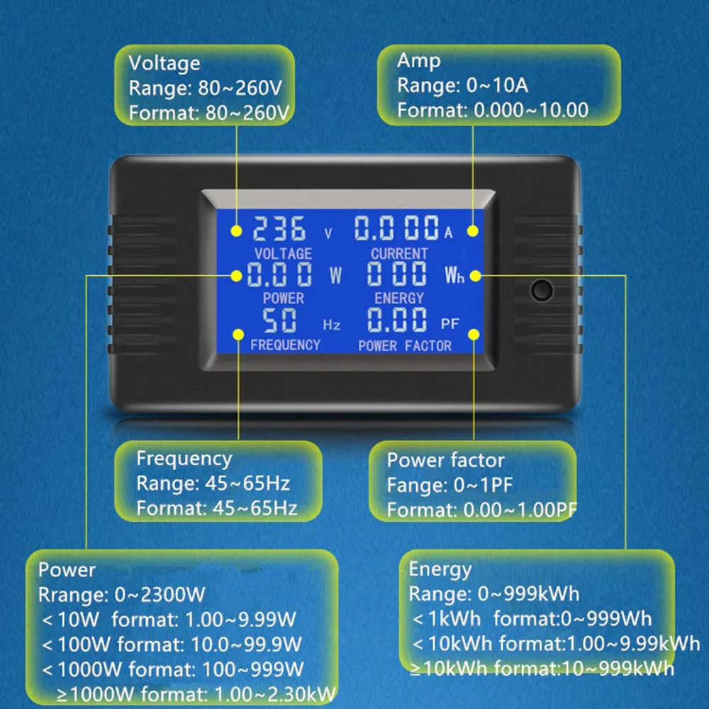 Цифровой вольтметр Амперметр 6 параметров дисплей мини мощность энергии тестер частоты переменного тока 80-260 В 5A 10A 100A с функцией подсветки