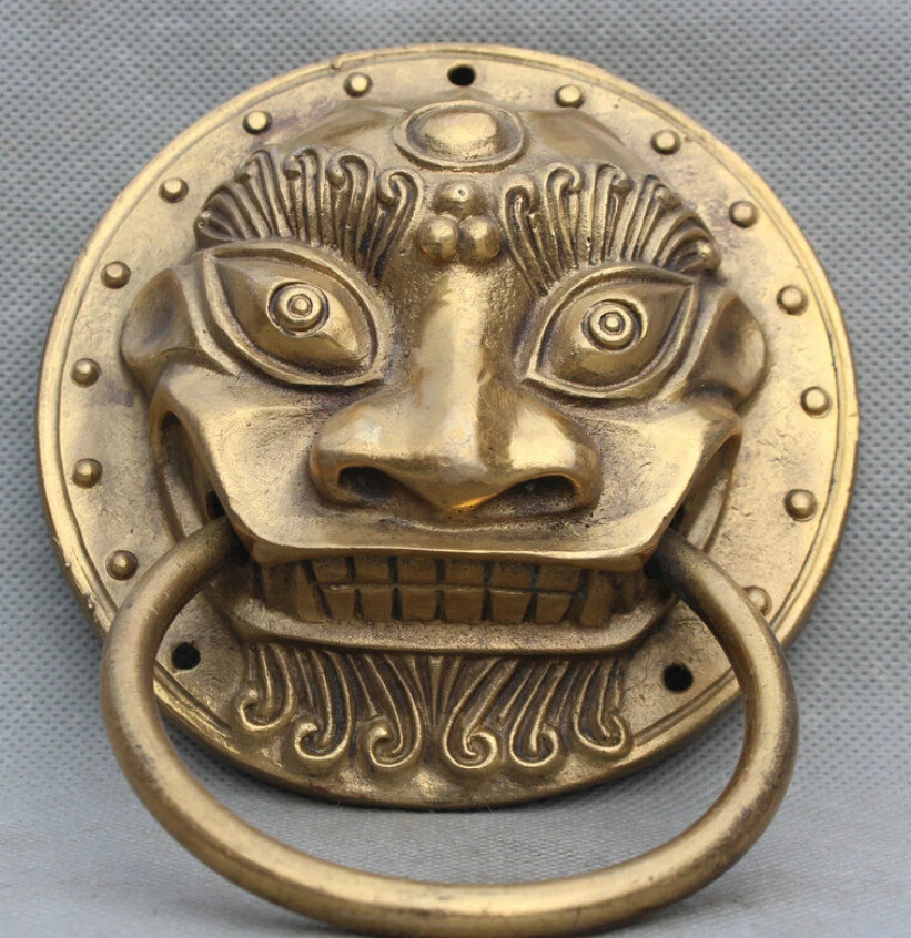 --- 618 ++ 7 дюймов китайский латунный по феншуй Fu Foo Dog proteon Lion Beast Head Mask Door Knocker | Дом и