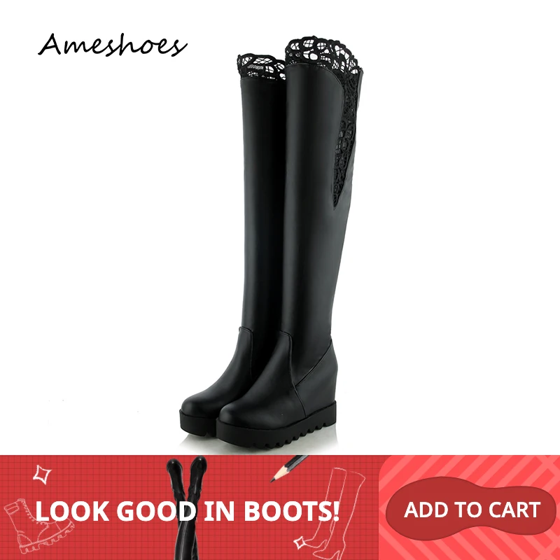2019 Winter Women Long Boots Thigh High Boots Black White Over The Knee Boots Stretchable Platform Boots 9CM Wedge Heels 2019 Winter Women Long Boots Thigh High Boots Black White Over The Knee Boots Stretchable Platform Boots 9CM Wedge Heels
