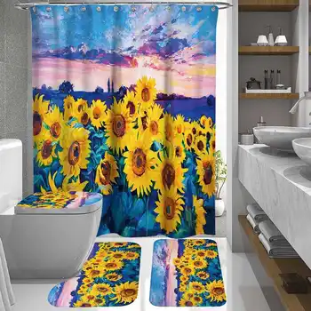 

New Shower Curtains set Classic Sunflower Oil Painting Mildew-proof Waterproof Toilet Polyester Cover Mat Set Anti-Slip Rug Set