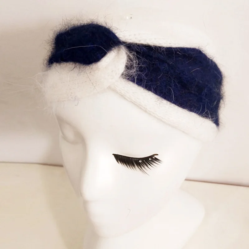 blue and white Повязка на голову с узелком для женщин и девочек, зимние шерстяные трикотажные повязки, толстая широкая повязка на голову из кроличьего меха, теплая повязка на голову, тюрбан - Цвет: blue and white