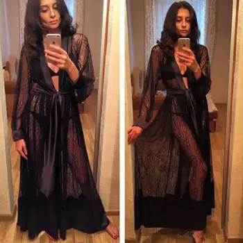 

Women Night Gown Bath Maxi Robe Lace Up Babydoll Lingerie Nightdress Sexy Silk Long Night Dress