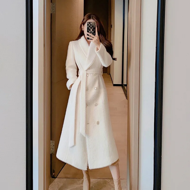 Vintage White Woolen Coat Women Fall Winter 2022 New Double Breasted Turn-down Collar Wool Overcoat Elegant Belt Long Outerwear | Женская