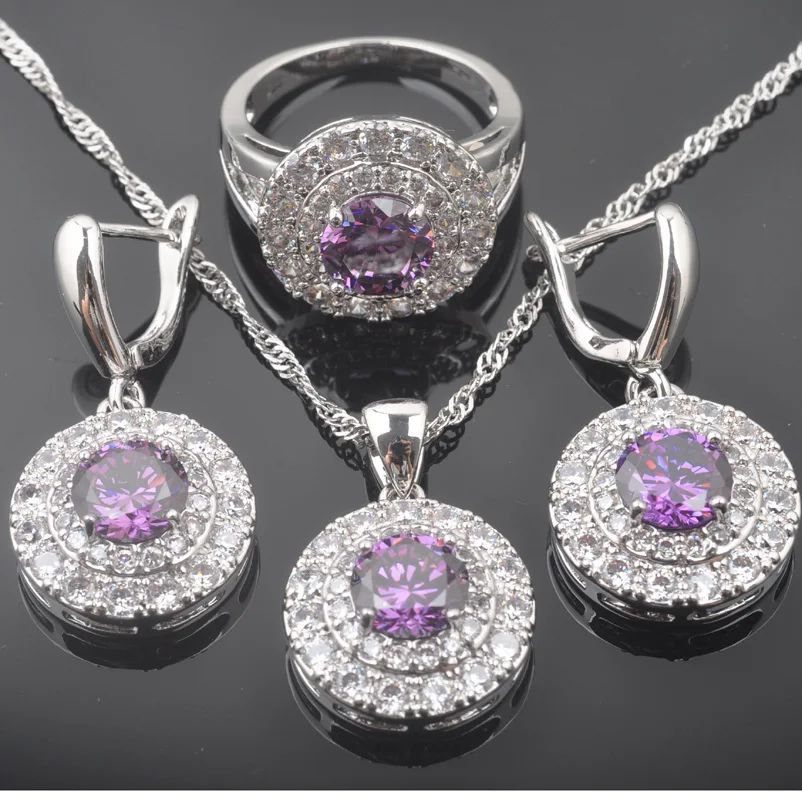 Russian Style Jewelry Sets Natural Purple Crystals Pendants Necklace Earring Ring Bracelet for Women Luxury Party Jewelry