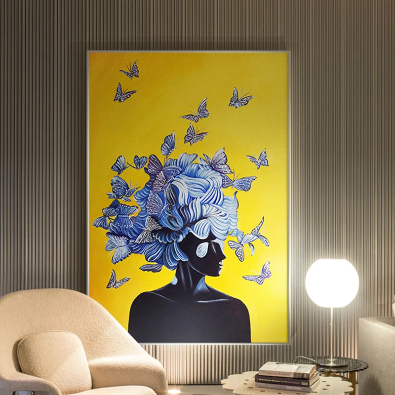 Abstract Girl With Butterfly Nordic Canvas Painting Yellow Blue Posters