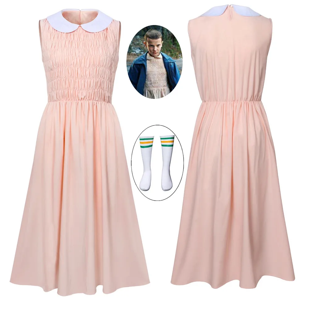 

Eleven's Sleeveless Pink Dress For Stranger Things Women Girl Evening Party Dress Halloween Cosplay Costume