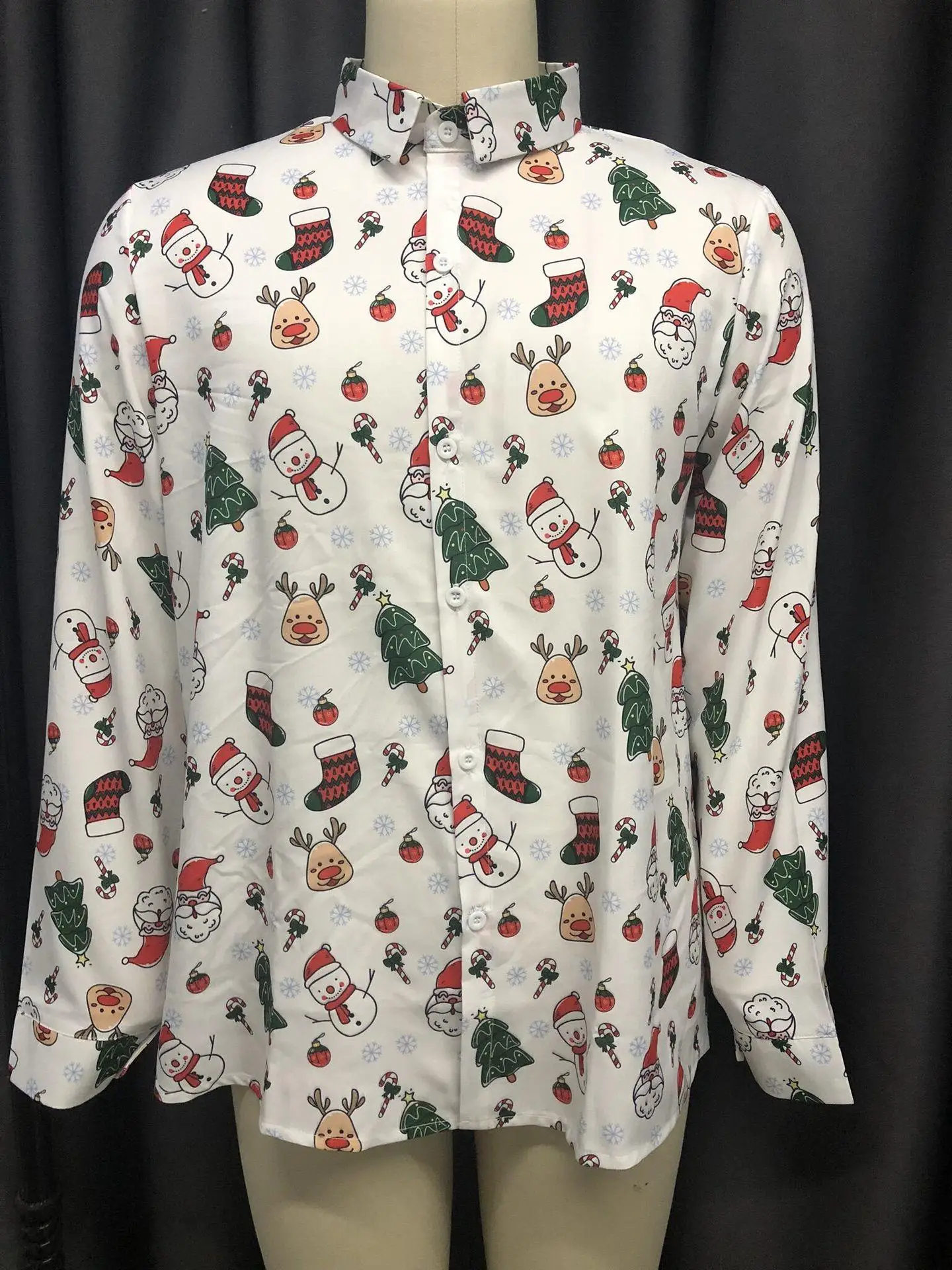 Merry Christmas Tree Men Shirt Casual Snowflakes Santa Streetwear Flower Printed Snowflake Mens Shirts Top Blouse Chemise Homme