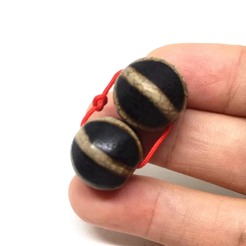 A Pair of Black and Old Round Beads 10mm Natural agate Amulet Dzi Beads Loosing Beads Fine Beads Collection
