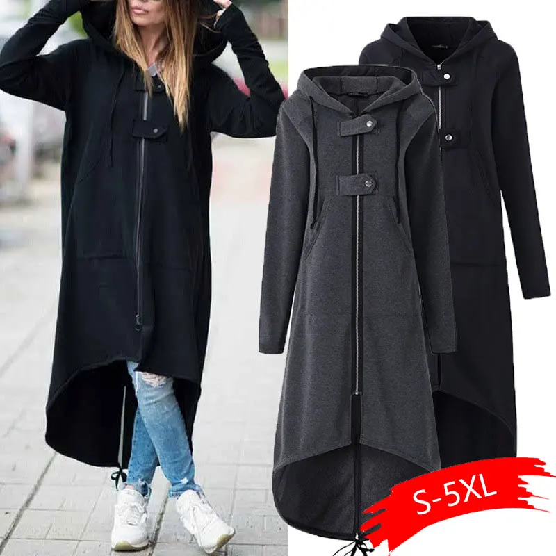

Fashion Long Sleeve Hooded Trench Coat 2020 Autumn Black Zipper Plus Size 5XL Velvet Long Coat Women Overcoat Clothes