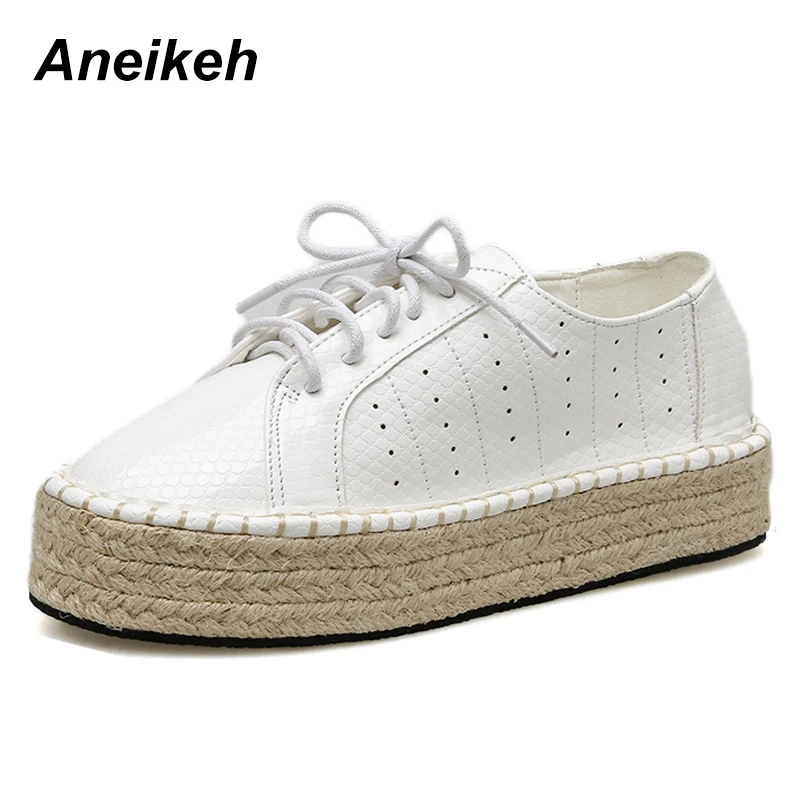 

Aneikeh New 2019 Concise PU Women Flats Solid Round Toe Lace-Up Shallow Cover Heel Women's Casual Daily Fashion White Size 35-40