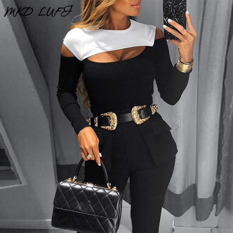 Colorblock Cut Out Design Long Sleeve Blouse Women Autumn Brief Casual Tops |