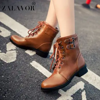 

ZALAVOR Women Ankle Boots 2020 New Winter Casual Flats Shoes Women Lace Up Metal Buckle White Botas Mujer Footwear Size 34-43