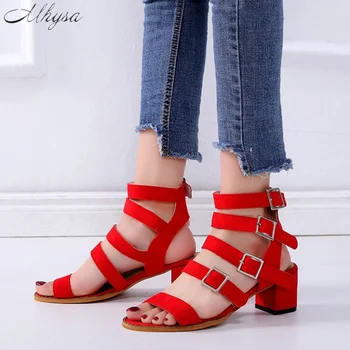 

Shoes Woman 2020 New Fashion Summer Leather Sandals with Metal Buckle Women Sandals Women's Mid-heel Sandals Zapatos De Mujer