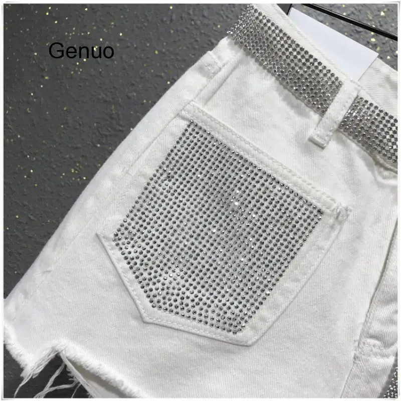 High Waist Rhinestone Beaded Wide Leg Jeans Shorts Women Summer Casual Fashion Denim Shorts Loose Washed Short Jeans Female