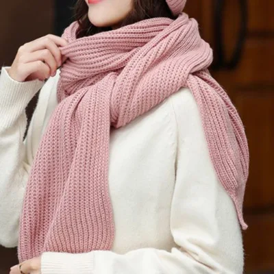Зимний женский комплект с шарфом и шапкой, зимняя теплая вязаная шапочка с помпоном дамская шляпа без полей, комплект с шарфом, шапка и шарф, зимний комплект - Цвет: Scarf pink