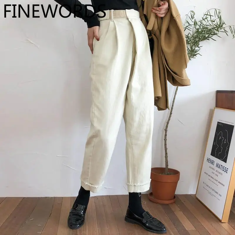 FINEWORDS Свободные повседневные Белые Джинсы бойфренда с высокой талией и манжетами, прямые джинсы в Корейском стиле, уличная одежда размера плюс, джинсовые штаны - Цвет: beige