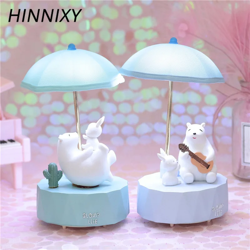 

Hinnixy Animal Music Box Night Light Cute Elephant Rabbit Polar Bear Bedside Table Lamp Home Decor Lighting Baby Kids Girl Gifts