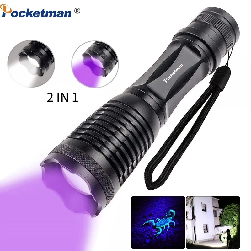 8000lums 2 in1 UV Flashlight LED Waterproof Torch 395nm Ultraviolet Detection Torch for camping Carpet Pet Urine Catch Scorpions