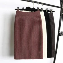 Прямая юбка с высокой талией осень зима женская элегантная вязанная облегающая юбка с разрезом сзади однотонная женская офисная одежда юбки