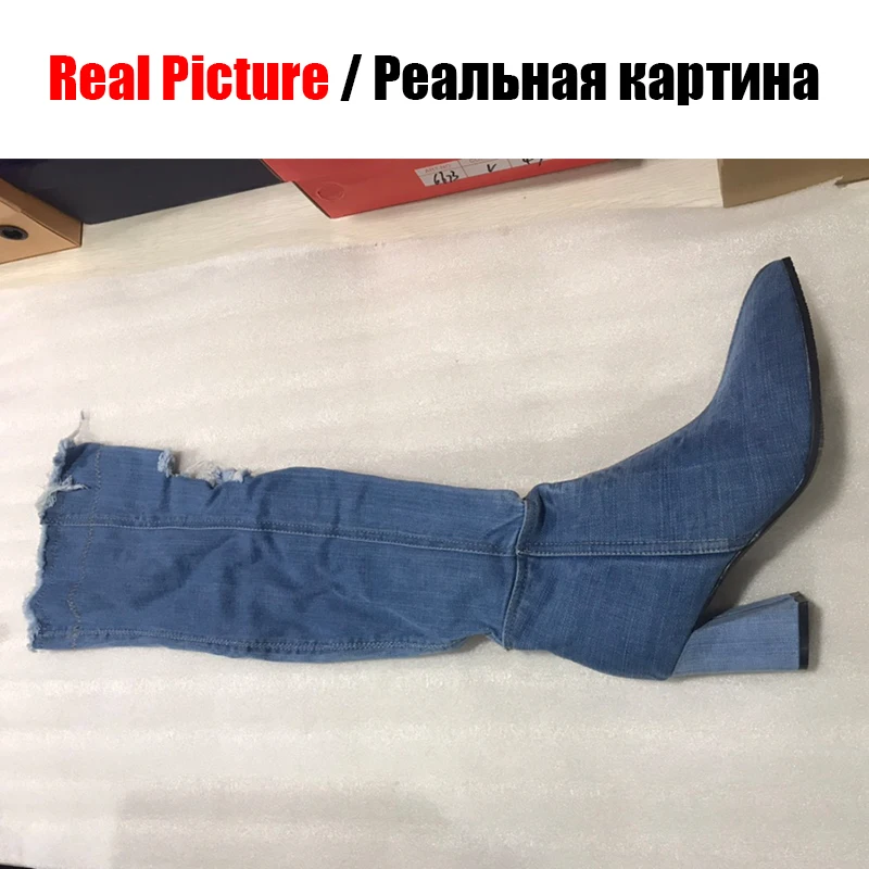 DORATASIA/Новинка, ботфорты с дырками, джинсовые сапоги, женские ботфорты на высоком каблуке, женская обувь, размер 34-43