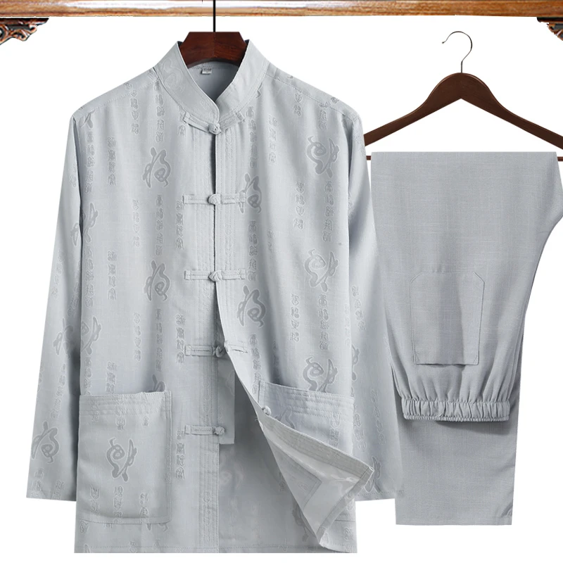 Wu Shu Clothing For Father 4XL Long Sleeve Shirt+Pant Cotton Linen 2Pcs/Set Men Kung Fu Tai Chi Suit l Classic