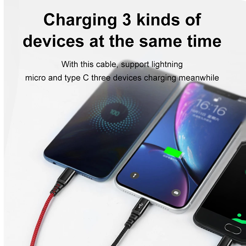 MCDODO 3 в 1 USB кабель 3A Micro Type C Быстрая зарядка шнур для телефона зарядное устройство
