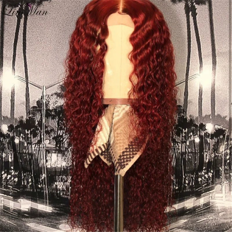 Бордовый цвет Remy бразильские человеческие волосы кудрявые парик фронта шнурка парики LIN MAN