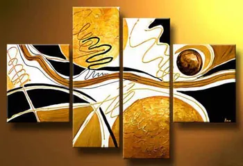 

100% Hand-painted Abstract Art on Canvas Yellow White Black 4 Panel Group Oil Painting Wall Art for Living Room Bedroom Home Dec