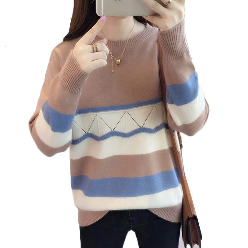 Цветной полосатый вязаный свитер, Женский пуловер, новая осенняя зимняя одежда, круглый вырез, длинный трикотаж с рукавами, свитер, женский