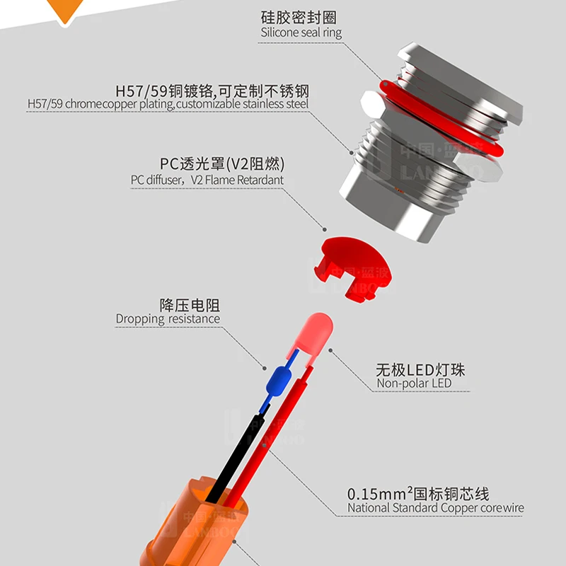 6mm 8mm 10mm 12mm 14mm  Metal LED Warning indicator light Waterproof IP67 Signal Lamp Pilot Wires switch 3V 5V 12V 220V Red Blue