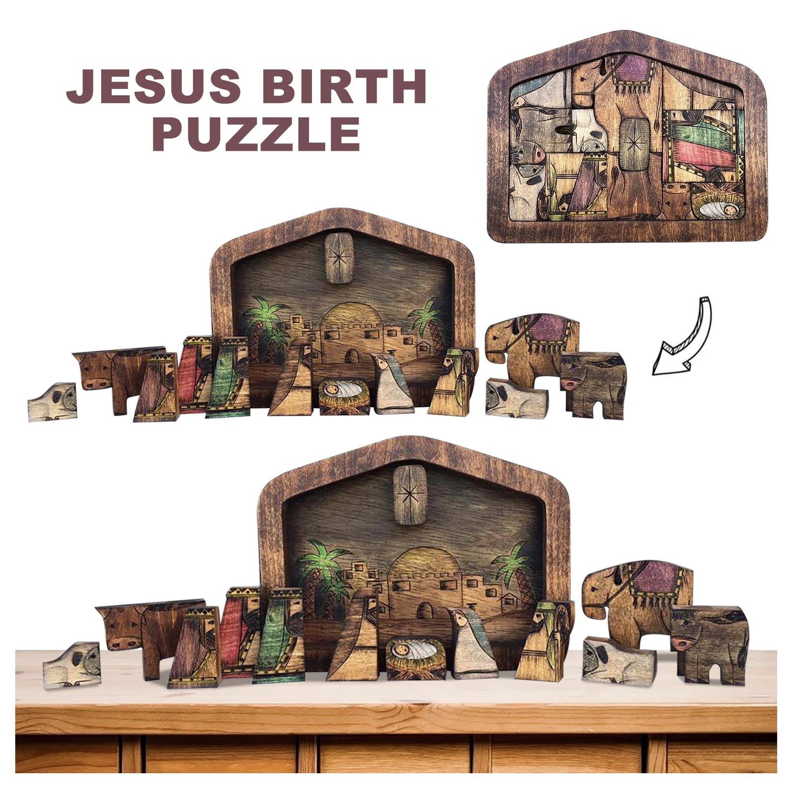 Jesus Puzzle Wood Burned Design Education DIY Jigsaw Sculpture Home Decor Nativity Set Kid Adult Christmas Birthday Gift | Игрушки и