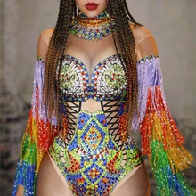 Для женщин сценический танец красочные бахрома Стразы боди костюм ночной клуб танец певица шоу яркий купальник