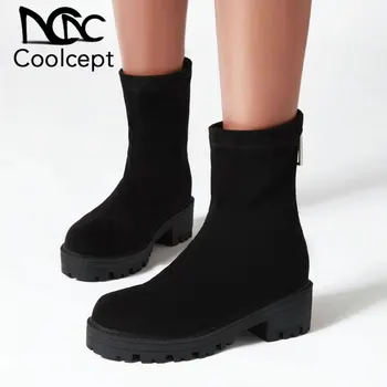 

CoolCept 2020 Women Ankle Boots Thick Sole Zipper Punk Motorcycle Boots Black Daily Casual Shoes Woman Footwear Size 34-43