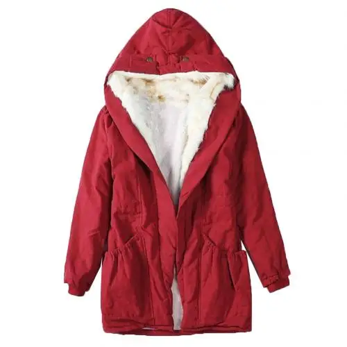 Thicken Winter Quilted Coat Women Long Sleeve Hoodie Paka Zipper Button Casual Women Outwear Warm Parka Fleece chaquetas - Цвет: Красный