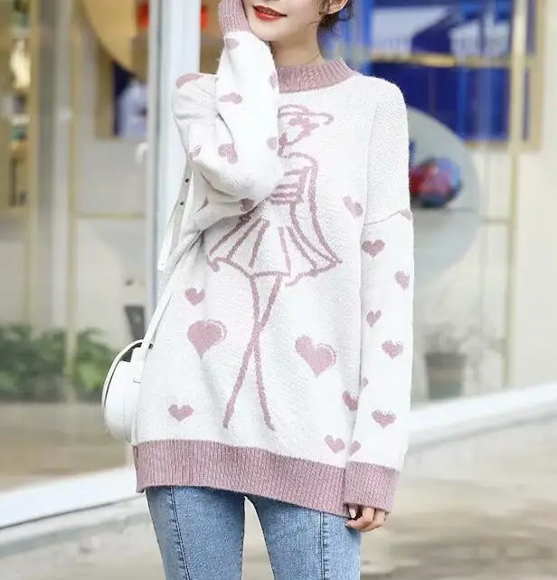Осенний женский свитер корейский Harajuku Мультфильм свободный свитер пуловер модный длинный рукав мягкий свитер женская одежда SL153 - Цвет: Многоцветный