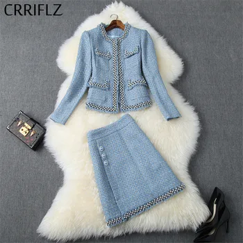 

Winter Women Set Full Sleeve Pocket Beaded Jacket Tweed Tassels Skirt 2 Piece Set Women Fashion Casual Patry Dress Set