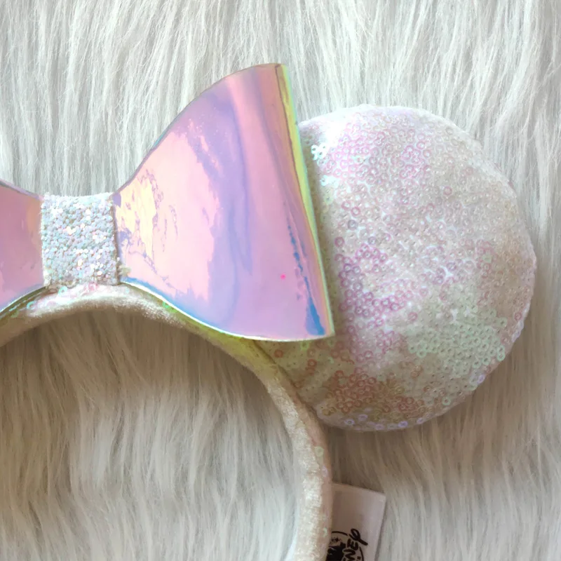 Disney White sequins Mickey Mouse Headband Disneyland Minnie Ears Hard PU Bowknot Headwear Toys Cosplay Party Decoration Gift