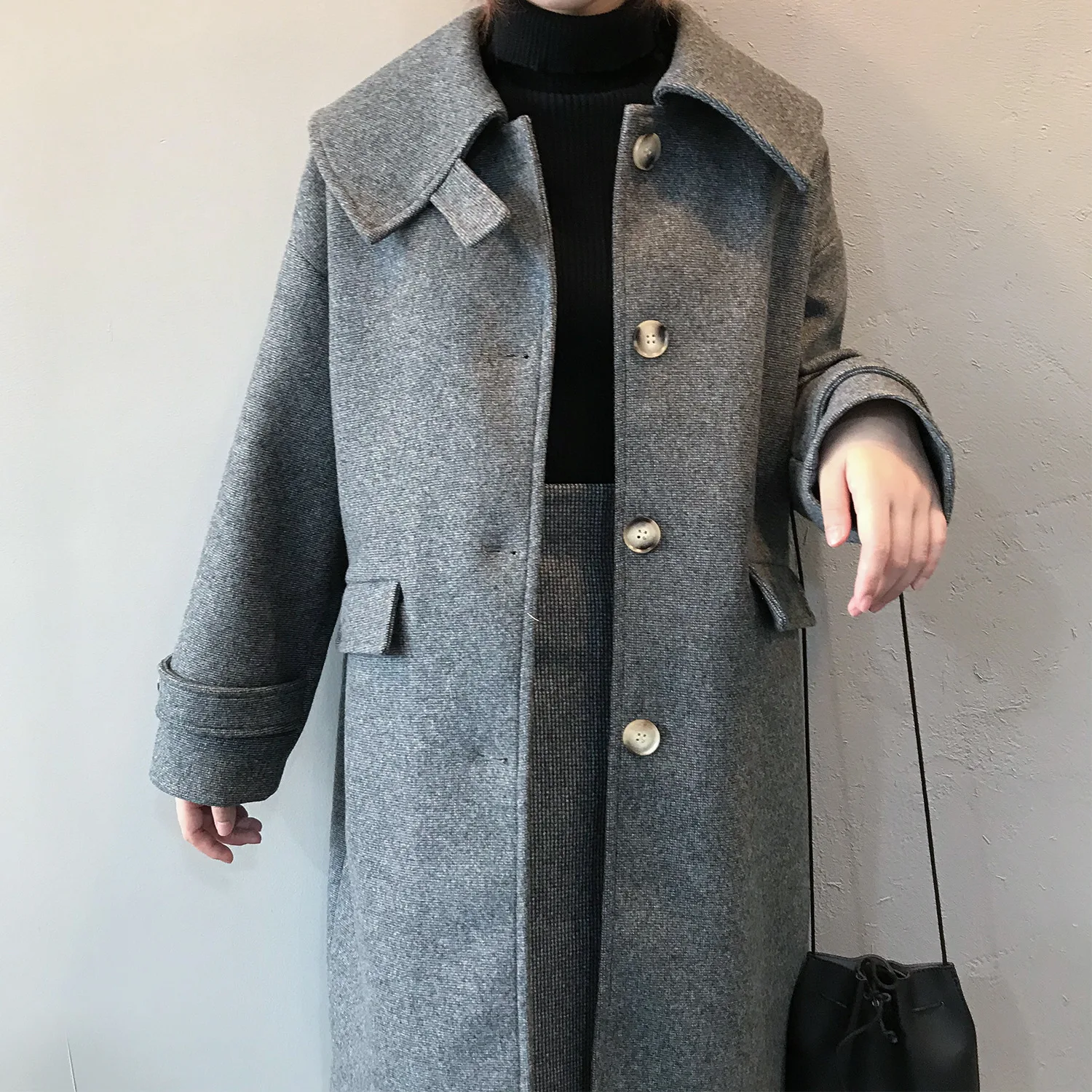 HXJJP корейская версия Осенняя женская зимняя верхняя одежда новые темпераментные однобортные шерстяные пальто свободные длинные куртки