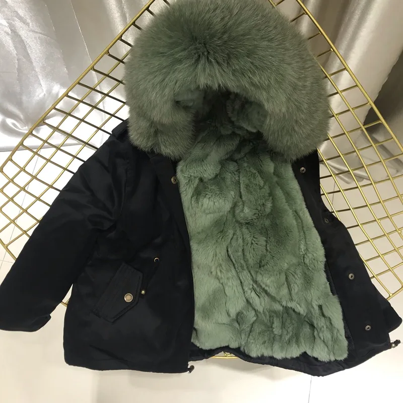Одежда для маленьких девочек зимняя куртка Настоящий мех кролика парка для девочек, зимние пальто с лисьим мехом, с капюшоном, отделка, одежда для маленьких мальчиков - Цвет: black green fur
