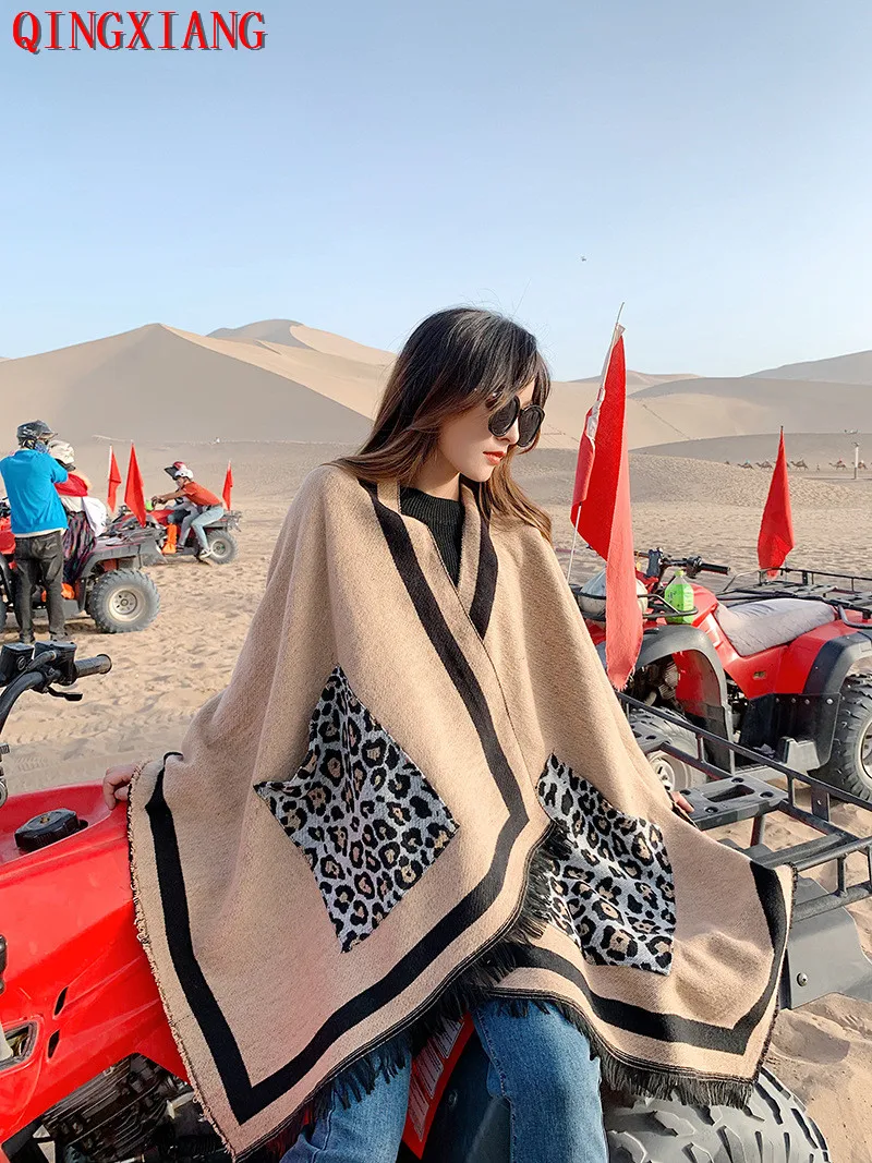 

2019 7 Colors Big Pendulum Cloak Ethnic Style Arabic Poncho Women Grey With Leopard Pocket Shawl New Fashion Blanket