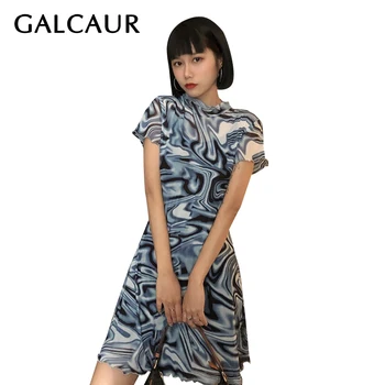 

GALCAUR Hit Color Tie Dye Two Piece Set For Women O Neck Short Sleeve Mini Mesh Slim Dresses Sets Female 2020 Summer New Style
