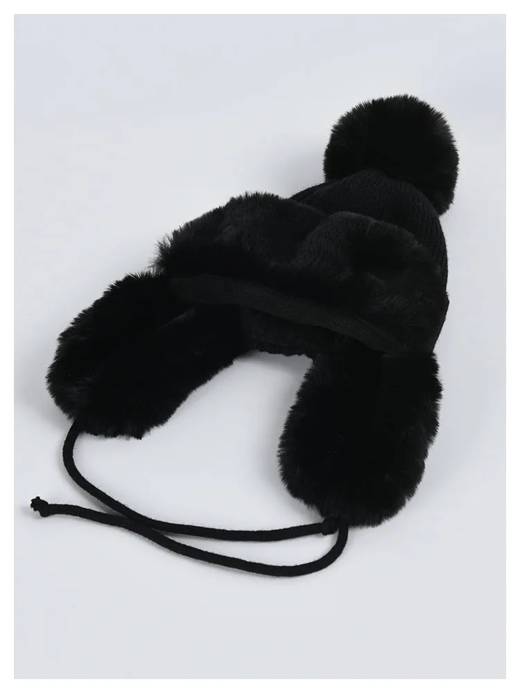 sheepskin bomber hat Autumn Winter Warm Fur Bomber Hats Women Knitting Caps With Cute Pom Ear Prorector Visor Caps For Girls carhartt bomber hat