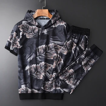 

(T-Shirts+Pants) Hooded Men Luxury Allover Printed Short Sleeve Man Plus Size 3xl 4xl Summer Slim Fit Mens Sets