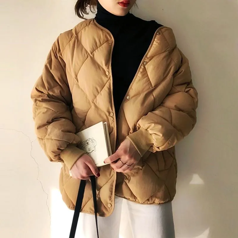 

Winter Korean-style Retro Loose-Fit Rhombus Plaid Thick Cotton Overcoat Short Cotton Coat Students Warm Cotton-padded Jacket