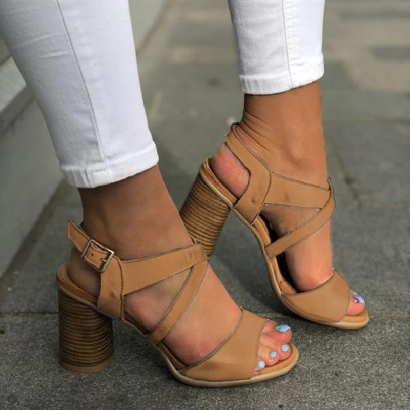SWQZVT Plus size summer sandals women designer leather women high heels shoes vintage buckle classic casual ladies sandals 2020  (5)