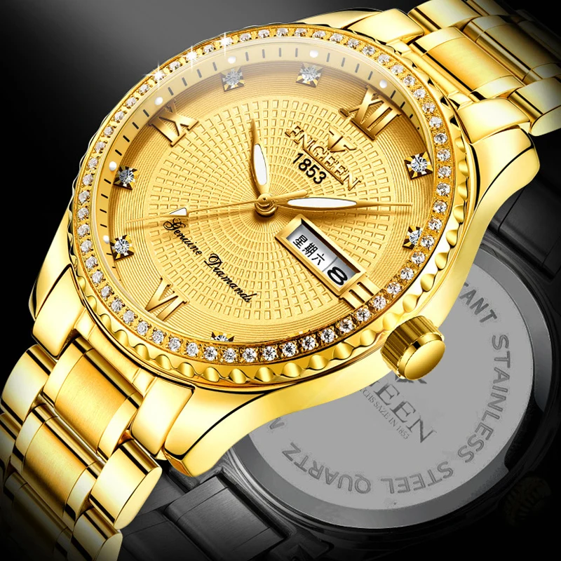 Men's Tuhao Gold Waterproof Luminous Super Bo Calendar Large Dial Non Mechanical Fashion Business Fshion Steel Band Watch