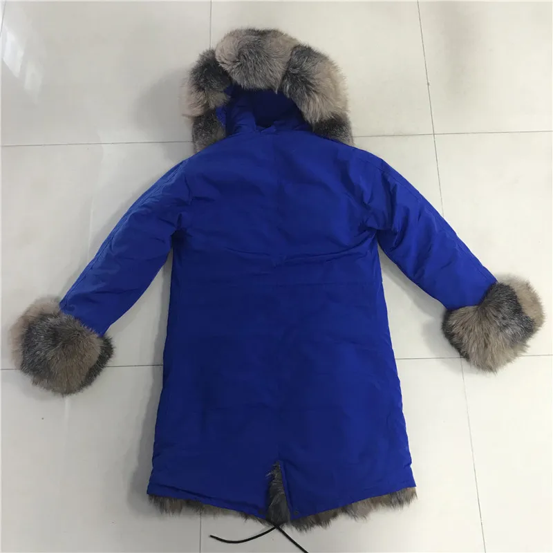 Brigth Blue Россия зимняя меховая парка с худи лиса Женская длинная меховая одежда