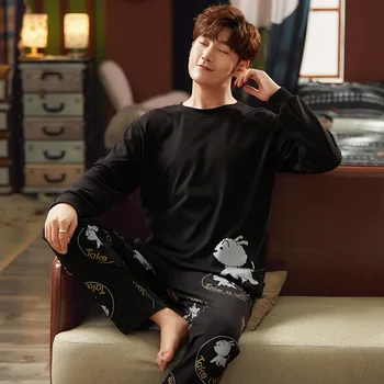 

Autumn Winter Men Pajamas Long Sleeve Cotton Male Pajama Set Large Size Pajamas For Men Deep Gray Simple Letter Sleepwear Pijama