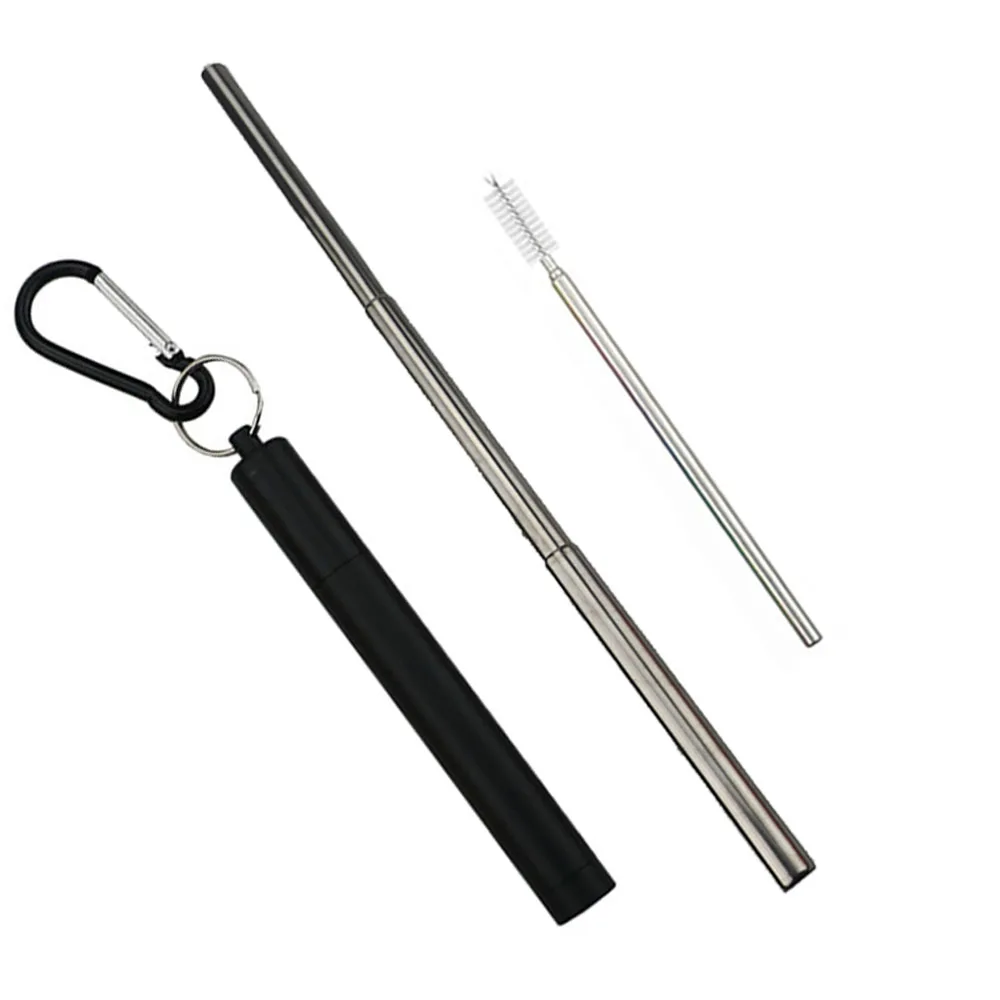 black box silver Reusable Retractable Drinking Straws Portable 304 Stainless Steel Telescopic Straw Traveling Foldable Straw with Case and Brush - Цвет: black box silver