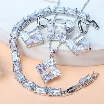 

Women Costume Silver 925 Jewelry Sets Bridal White Zircon Wedding Necklace Pendant Set Earrings Ring Stones Chamrs Bracelet
